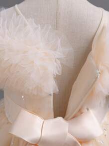 女童优雅高低公主裙，前短后长设计，适合生日派对、学校、演奏会、重要场合、夏季 - 香檳色 - 查看 8