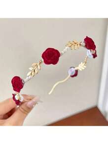 1 peça Headband decorada com Rosas Vermelhas/Brancas e Pérolas Falsas, Perfeito para Festivais/Aniversários/Festas/Noivas/Meninas