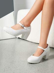 Wide Fit Women's Chunky Low Block Heels Mary Jane Closed  Round Toe Work Pumps Comfortable Elegant Dress Wedding Shoes - 白色 - 查看 3