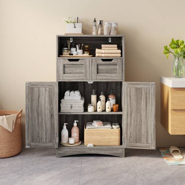 Armoire de rangement ajustable de 43" avec deux portes, deux tiroirs et un espace de rangement ouvert avec dispositif anti-basculement, tiroirs autoportants Disponible en 3 couleurs