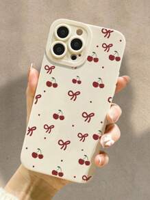 Cherry Bow Ivory Shockproof Phone Case Compatible With IPhone 16/15 XR /7/8 IPhone 15 Pro Max/12 Pro Max/13 Pro Max/14 Pro Max 13 14 11 12p14 P11 Soft Shell P12 Drop-Proof XS.XR /78P.78GES2 Series S24 A03s, A03core, A04, A12, A13, A14, A21s, A22, A23, A24, A32, A33a34, A5 A51A52, A53, A54, A71, A72, A73, S20 Fe, S21, S22, Redmi Series Redmi 9, Redmi 9a