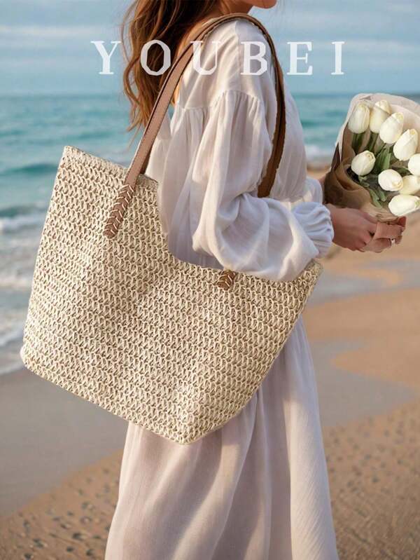 Summer Straw Beach Tote Bag, Large Capacity Handbag, Casual Multiple Pockets Women's Bag, Suitable With Dress For Shopping, Travel, Storage, Rattan Bag, Eye-Catching Beach Bag Summer, Summer Straw Beach Bag For Women, Hottest Beach Bags For Women, Fashion Summer Vacation Bag, Beach Essentials Women Bags For Vacation & Holiday, Newest Holiday Bag