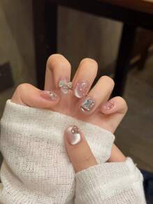 10片手工美甲按压式水晶半透明粉色猫眼蝴蝶结圆点迷你圆形美甲贴纸，简易美甲装饰按压式美甲贴片，美甲用品，手工按压式美甲贴片 - 彩色 - 查看 6