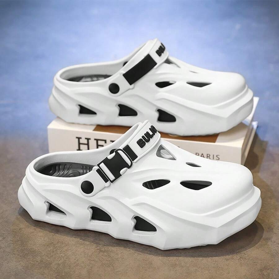 男士休闲一脚蹬拖鞋，夏季舒适透气户外凉鞋 - 白黑 - 查看 1