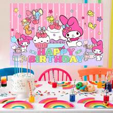 Sanrio 1PC Cute And Sweet Pink Cherry Melody Birthday Theme Party Background Fabric Decoration -82.7 * 5.1/59.1 * 39.4/39.4 * 29.5 Inches, Kawaii Cherry Dessert Cake Star Melody Pink Stripe Photography Background Birthday Party Decoration Supplies Newborn Shower Theme Party Cake Table Banner Decoration Photo Booth Studio Props