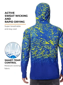 RODEEL Men's Hooded T-Shirt With Face Mask Gradient Printed Raglan Quick-Drying Breathable Long Sleeves Suitable For Outdoor Sports Fishing And Hiking