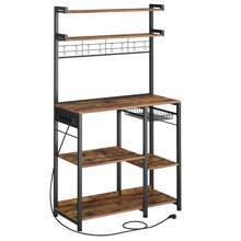 VASAGLE Estantería de Panadería con Toma Corriente, Soporte para Microondas, Barra Café, 4 Tomas CA, con Estantes Ajustables, 8 Ganchos en S, Cesta, Especiero, Marrón Rústico y Negro Tinta - Enchufe EU Tipo C(220-240V) - Ver 9