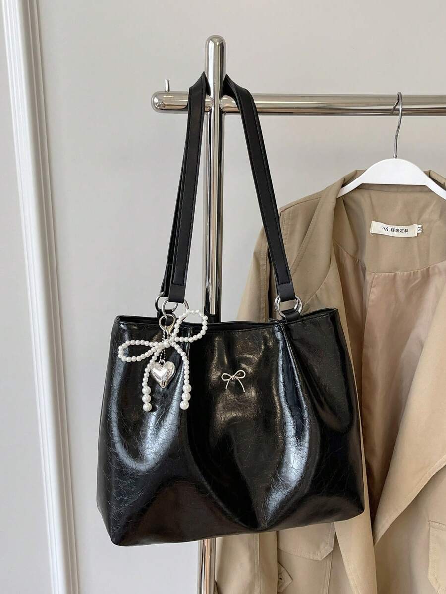 1pc Women's Crackle PU Leather Large Capacity Tote Bag With Chain Strap, Suitable For Girls, Ladies, College Students, Career Starters And Office Workers, Great For Work, Business, Commuting, School