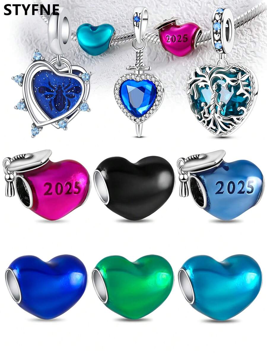 STYFNE 1pc Valentine's 2025 New Heart Pendant In Blue, Pink, Green, Black Color Series, Suitable For Women Bracelet DIY, Jewelry, Daily Small Gift