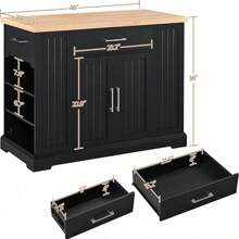 Kitchen Island On Hidden Wheels, Rolling Kitchen Cart With Thicker Rubberwood Top & 3 Drawers & Open Shelves, Storage Cabinet With Adjustable Shelves For Dining Room, 46″L * 22″W, Black - 黑色 - 查看 3