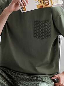 Conjunto de pijama de hombre con cuello redondo, estampado geométrico verde, de manga corta y pantalón corto, ropa de estar en casa de verano