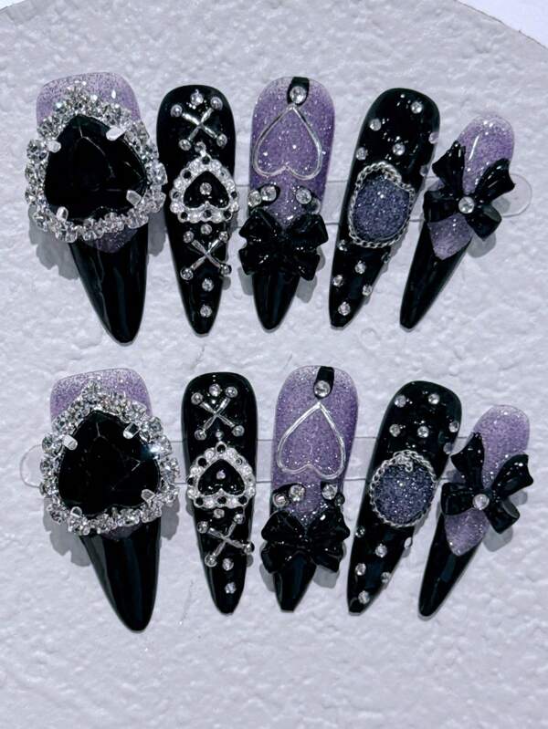 Ongles à presser vibrants bord Y2K violet - Art avec adhésif à presser violet étincelant et noir aux motifs géométriques personnalisables