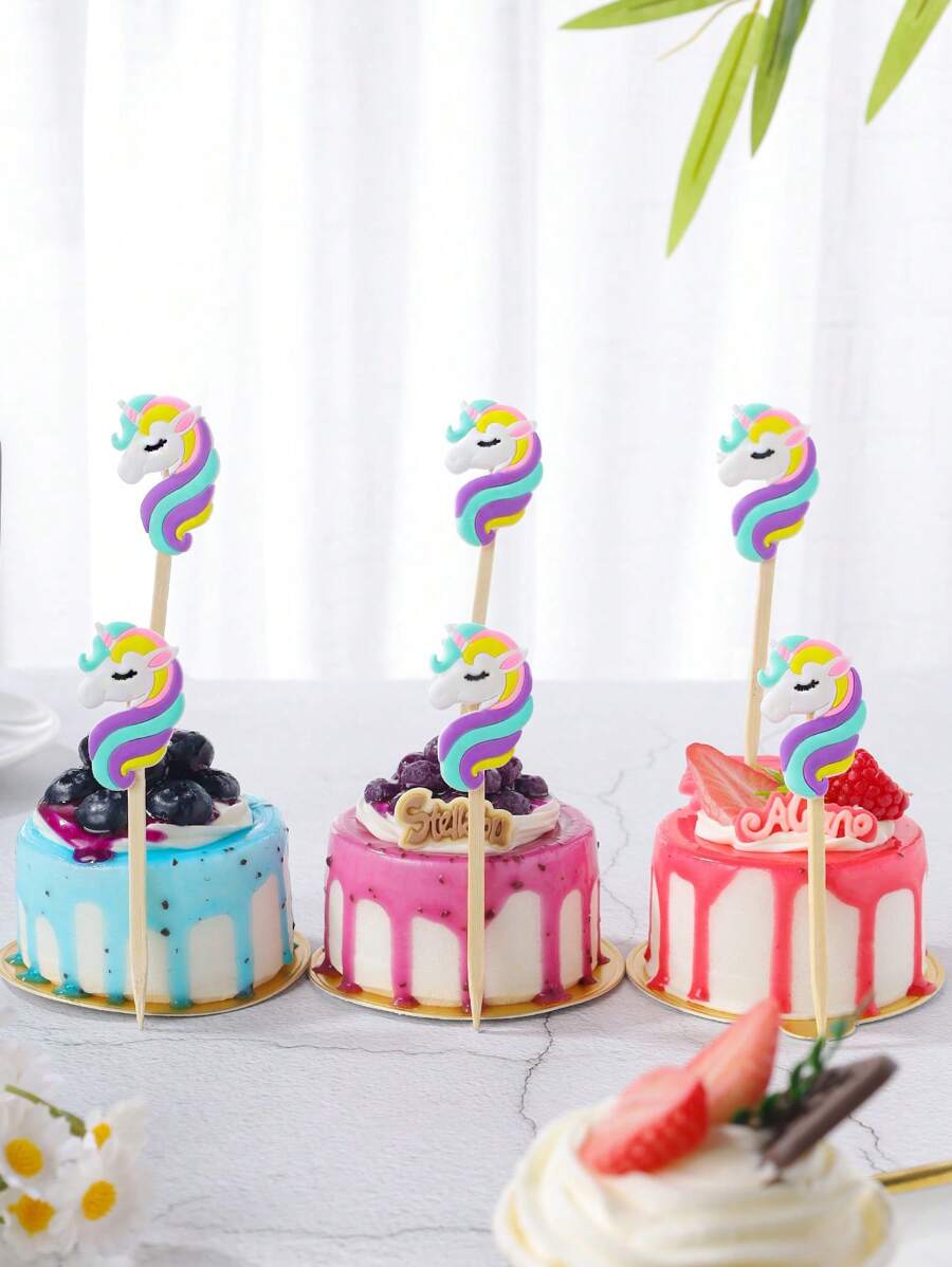 10/24 件独角兽木制一次性天然蛋糕装饰，适合 24 人使用的派对用品，适合生日派对、家庭野餐的一次性派对餐具 - 彩色 - 查看 1