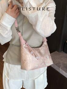 1pc Chinese Style Embroidery Pattern Nylon Tote Bag, Suitable For Shopping, Dating, Women's Gift, Office Lady, Perfectly For Office, College, Work, Commuting , Pink - Pink - View 8