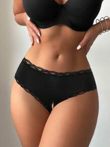 女士黑色蕾丝边心形印花性感开裆三角裤，舒适弹力透气薄款内裤 - 黑色 - 查看 3