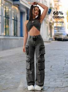 Casual Washed Gray Multi Pocket Straight Leg Cargo Pants
