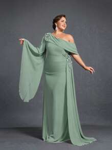 Faeriesty Váy dạ hội cỡ lớn Mosy với đường viền cổ bất đối xứng, tay chuông nổi bật và dáng suông buông xõa - Váy mẹ cô dâu thanh lịch, trang phục dạ hội trang trọng, thiết kế thảm đỏ, trang phục dự tiệc đen - màu xanh lá - Xem 6