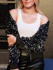 Women's Sparkly Sequin Jacket Glitter Long Sleeves Front Zip Up Bomber Jacket With Ribbed Cuffs - Black and Silver - 查看 3