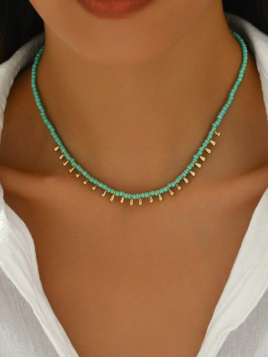 1 Pc Bohemian Imitation Turquoise Gold Water Drop Pendant Necklace For Women, Casual Versatile Party Wear, Mother'S Day Gift