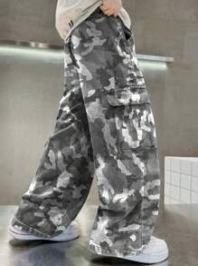 1st Jongens/Tieners Casual Camo Print Losse Cargo Broek, Multi-Zak Wijde Pijpen Broek, Buiten Oefening, Lente/Zomer/Herfst/Winter