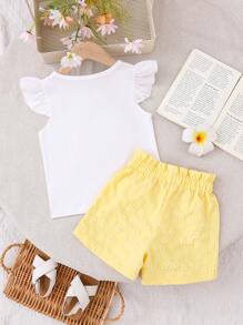 2pcs/Set Toddler Girls Casual Sweet Sleeveless T-Shirt & Floral Print Shorts Set, Suitable For Outings, Vacation, Home Gathering, Summer - Yellow - View 2