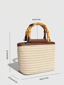 1pc Women's Versatile Retro Small Bag, Colorblock Woven Straw Casual Handbag, Bamboo Joint Tote Shoulder Crossbody Bag, Fashion