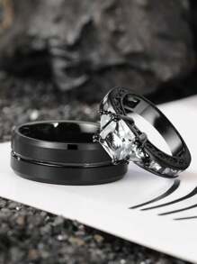 1pc Fashionable Couple Rings - 1pc Stainless Steel Men's Wedding Band & 1pc Elegant Princess Square Cut Women's Engagement/Wedding Ring, Bridal Jewelry Gift - Gun Black - View 3