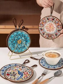 1 Piece/2pcs Ceramic Insulation Mat, Round, Anti Slip, Heat-Resistant Placemat, Perfect Hot Dish Mat, Chic, Daisy Flower, Ceramic Table Mat Heat-Resistant, Easy To Clean Coaster, Can Be Hung And Stored, Nordic Court Style, Retro Style, High-End Sensory Dish, Clay Pot Heat-Resistant, Table Mat