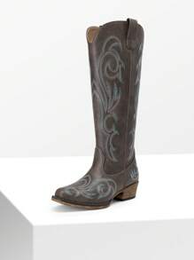 Women's Chunky Heel Embroidered Western Boots Pull On Side Zipper Knee High Boots Comfortable Fashionable Versatile Casual Outdoor Western Cowboy Cowgirl Boots - 咖啡棕 - 查看 4