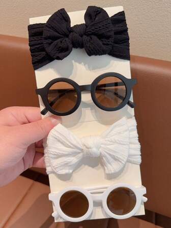 2/4Pcs/Set New Baby Girls Boys Cute Solid Color 2 Style Bowknot Hairband Round Kids Children Fashion Glasses Eyewear Hair Accessories Set,Card Only Show,Don't Shipping