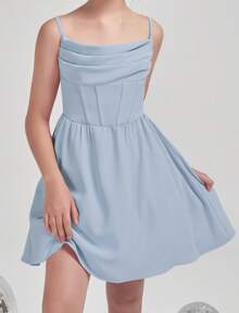 EXARUS EXARUS Vestido de tirantes finos para niñas con frunces y cuello vuelto para baile de graduación, fiesta de graduación, vestidos formales de corte A, de 8 a 14 años