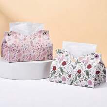 1pc PU Leather Tissue Box Cover With Floral Print Design, Butterfly & Flower Pattern Tissue Box For Desktop, Home, Living Room, Bedroom, Car, Makeup Storage Organizer, Suitable For Back To School, Wedding Season, Birthday Party
