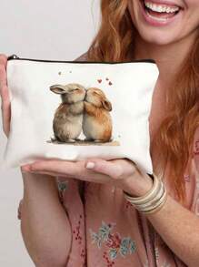 1 件兔子化妆包，轻便可折叠旅行化妆包，双面印花，多功能大容量，非常适合复活节、兔子爱好者、节日和生日礼物学校用品旅行必需品化妆包节日必需品化妆包化妆包化妆包化妆品收纳袋节日冬季豹纹腊肠狗女士礼物 - 白色 - 查看 2