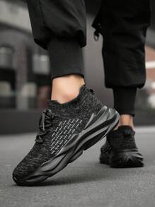Giày thể thao thường ngày buộc dây lưới thoáng khí đế dày thoải mái cho nam, giày ngoài trời phong cách đường phố sọc tương phản dành cho thanh thiếu niên - màu đen - Xem 3