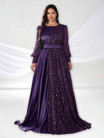 YISIKADO Plus Size Formal Evening Dress, Elegant Sequin Satin Lantern Sleeve Round Neck Dress,Party Dress,Gown,Wedding Guest