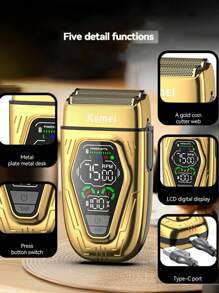 Kemei 三合一专业男士理容套装，包含电动理发器、电动修剪器和T型刀头修剪器（可实现0毫米贴近剃须），以及电动剃须刀套装，是送给男士的绝佳礼物。 - 金色 - 查看 10