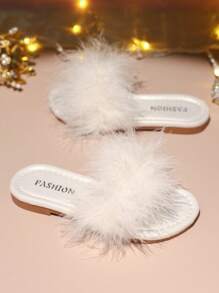 1 par de sandalias planas casuales suave con decoración de plumas, adecuadas para uso diario y actividades al aire libre, para niñas - Blanco - Ver 3