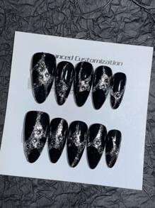 10 pièces de faux ongles portables faits à la main. Forme d'amande, design d'ongles œil de chat à effet lumineux, design élégant et simple de haute qualité, ongles personnalisés avec graffiti de dessin animé et couleurs flashy, faux ongles couvrant entièrement les ongles, ongles Y2K, ongles à relief
