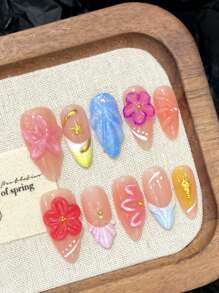 10 件渐变色法式杏仁形透明花卉手工按压式假指甲，高端，可重复使用，适合户外、工作、日常佩戴，配有迷你指甲抛光器