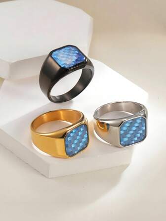 1 pieza Anillo de acero inoxidable para hombre con fibra de carbono incrustada, anillo con sello azul oceánico simple, joyería de moda