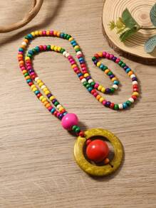 New Wooden Beads & Woven Coconut Shell Long Sweater Chain Necklace, Handmade Bohemian Versatile Accessory - Multicolor - View 2
