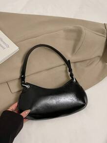 高品质腋下手提包，女士时尚休闲百搭单肩包，纯色新月形工作包 - 黑色 - 查看 8