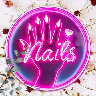 1pc Vibrant Neon "Nail" Sign - Round Metal Wall Art With Pink And Purple Glow, Fashionable Tin Sign, Ideal Gift For Friends, Family, DIY Enthusiasts, Neon Sign For Wall Decor, Suitable For Room, Home, Bar, Cafe Decoration, Hole Size As Shown In Size Chart