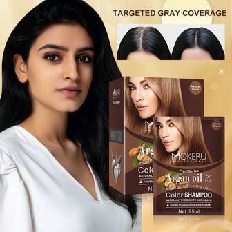 MOKERU 8.45FL.OZ 280g/10 piezas Bolsa Champú de teñido de cabello negro con aceite de argán natural unisex, adecuado para todo tipo de cabello, champú de teñido de cabello instantáneo, cubre rápidamente el cabello negro y cano sin dañar el cabello, tinte de cabello permanente 3 en 1, tinte de cabello semi-permanente, champú negro