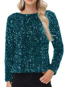 Women's Sequin Tops Sparkly Long Sleeve Glitter Evening Party Concert Shirt Blouse - Teal Blue - View 1