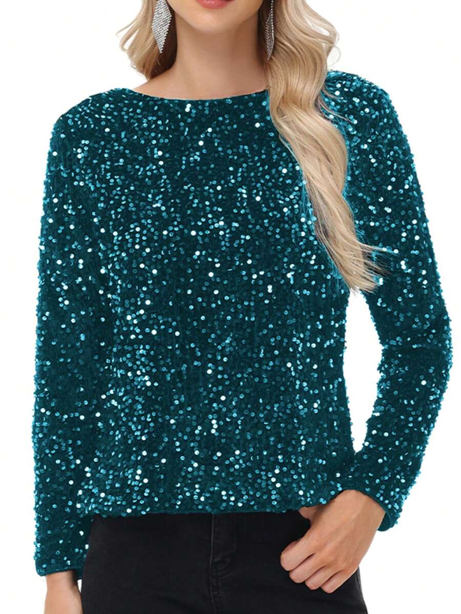 Women's Sequin Tops Sparkly Long Sleeve Glitter Evening Party Concert Shirt Blouse - Teal Blue - View 1