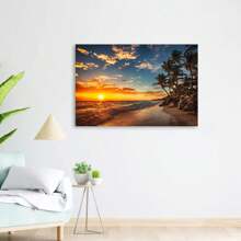 Framed Sunset Over Tropical Beach Palm Tree Ocean Photo Photograph Setting Sun Island Poster Nature Scene Palm Tree Scenic Relaxing Calm Sea Sand Beautiful Cool Wall Art Print Poster - Framed - View 5