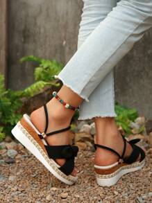 Plus Size Women's Bow Decor Open Toe 2-Way Linen Rope Bottom Wedge Heel Thick Sole Beach Sandals, Black Fashion Versatile Comfortable Roman Sandals, Spring/Summer - Black - View 5