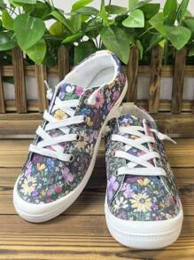 女士春季花卉时尚水果花卉印花休闲舒适轻便柔软一脚蹬圆头乐福鞋，加大码