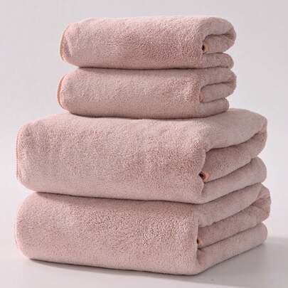 1条/2条/4条装珊瑚绒纯色柔软吸水不掉毛（轻薄）方便男女通用速干干发巾、面巾、浴巾（小号毛巾34*75厘米或大号毛巾70*140厘米或特大号毛巾40*80厘米或90*170厘米）